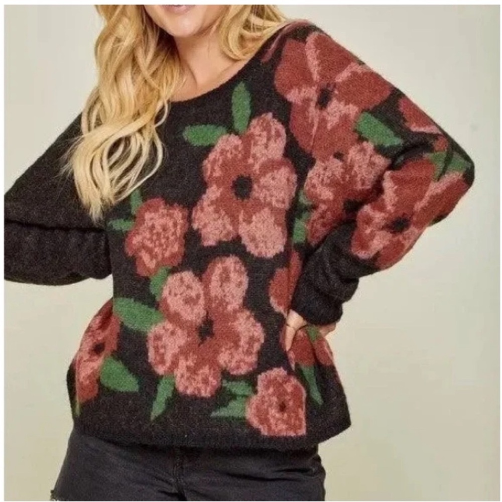 Andrée by Unit Floral Chunky Wool Blend Oversized Pullover Long Sleeve Sweater